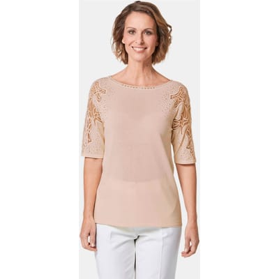 Pullover met kanten inzetten en glanssteentjes - perzik - Gr. 46 van Goldner Fashion