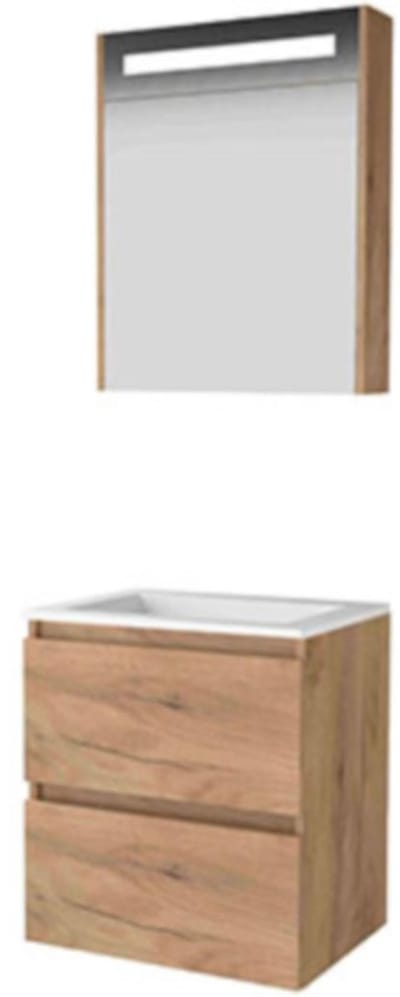 Basic-Line Premium 46 Badkamermeubelset - 60 x 46 cm - Greeploos - 2 Lades - Acryl Wastafel - Zonder Kraangat - Spiegelkast met LED Verlichting - Whisky Oak