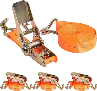 Set van 4 ratelspanbanden met haken, 2.5 cm x 5 m, ideaal voor veilig transport van materialen en lading op daken van voertuigen