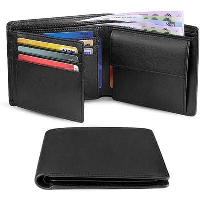 Portefeuilles minces à trois volets pour hommes 100 % cuir véritable avec poche à monnaie et fenêtre pour carte d'identité Portefeuille minimaliste pour hommes