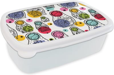 Broodtrommel Wit - Lunchbox - Brooddoos - Matroesjka - Patronen - Baby - 18x12x6 cm - Volwassenen