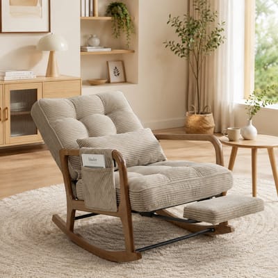 Schommelstoel - Relaxstoel - Babykamer - Fauteuil - Ergonomisch - Verstelbare rugleuning - Met zijzakken - Met voetpedaal - Met lendensteun - Houten stoelpoten - Modern design - Stof - Kaki