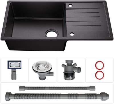 CECIPA MAX Spoelbak Met Kraangat - Granieten Keuken 86x45CM - Spoelbak Keuken - Met Afdruiprek en Waterafvoersysteem - 80% Kwarts Zand Spoelbak Keuken - Zwart
