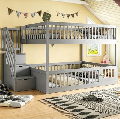 MIVRAY Stapelbed 140x200 cm Zonder Matras - Met Veiligheidstrap en Laden - Speelbed met Opbergruimte - Hout en MDF - Grijs