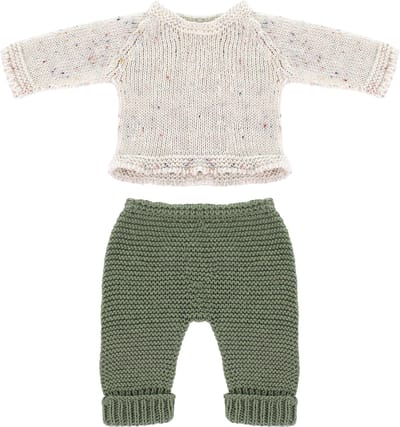 ML Poppen: KLEDIJ SET GEBREID groen/ecru jongen 32cm, 2-delig, trui + broek, eco en gerecycleerd, op kleerhanger, 3+