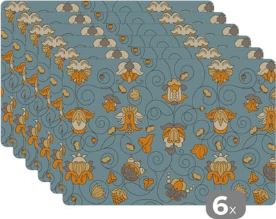 Placemat - Placemats kunststof - Patronen - Vintage - Bloemen - 45x30 cm - 6 stuks - Hittebestendig - Anti-Slip - Onderlegger - Afneembaar