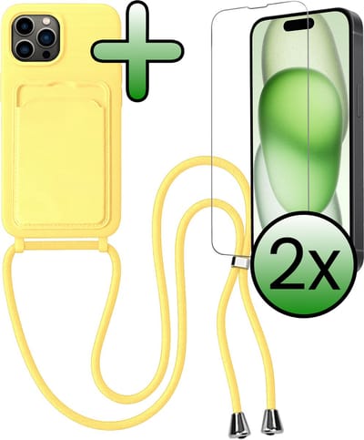 Hoes Geschikt voor iPhone 14 Pro Max Hoesje Pas Houder Case Hoes Met Koord Met 2x Screenprotector - Hoesje Geschikt voor iPhone 14 Pro Max Hoes Met Telefoonkoord Pasjeshouder Cover - Geel