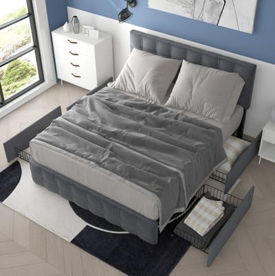 MIVRAY Gestoffeerd Bed 140x200 cm - Tweepersoonsbed Met 4 Laden en Verstelbaar Hoofdeinde - Met Matras - Metaal en Stof - Grijs