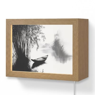 Wandlamp 20x15 cm - Oplaadbaar - Boot - Rivier - Bamboe - Wit - Wandlampen binnen woonkamer - Slaapkamer lamp met kabel - Decoratieve nachtlamp - Vloerlamp snoer