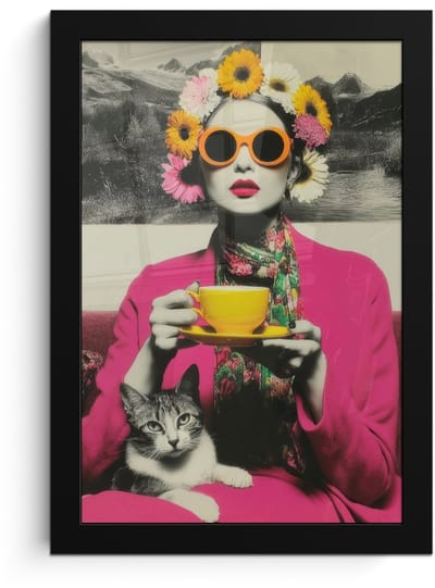 Poster in lijst - Fotolijst 20x30 cm - Posters - Vrouw - Kat - Bloemen - Kopje - Retro - Posterlijst zwart - Decoratie - Wanddecoratie woonkamer - Muurdecoratie slaapkamer