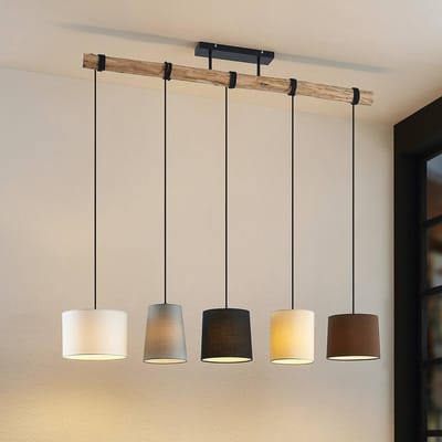 Lindby - Hanglamp - 5lichts - Hout, stof, ijzer - E27 - Natuurlijk hout, zwart, grijs, beige, bruin, wit