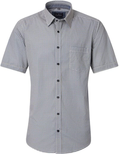 CASA MODA Sport casual fit overhemd - korte mouw - twill - blauw met geel en wit dessin - Strijkvriendelijk - Boordmaat: 39 - 40