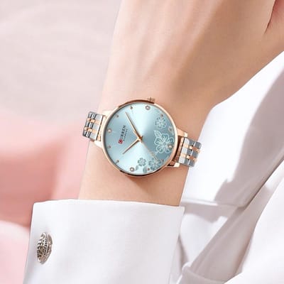 CURREN Dameshorloge Rosé Zilverkleurig Lichtblauw Wijzerplaat - 35mm Bloemen Design Elegante Look