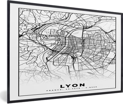 Fotolijst incl. Poster Zwart Wit- Lyon - Stadskaart - Plattegrond - Kaart - Frankrijk - Zwart wit - 60x40 cm - Posterlijst