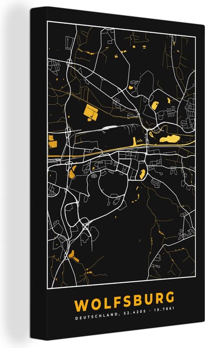 Canvas Schilderij Black and Gold – Stadskaart – Wolfsburg – Duitsland – Plattegrond – Kaart - 20x30 cm - Wanddecoratie