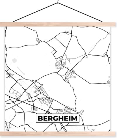 Posterhanger incl. Poster 40x40 cm - Schoolplaat - Kaart - Plattegrond - Bergheim - Stadskaart - Textielposter - Blanke latten - Stadskaart