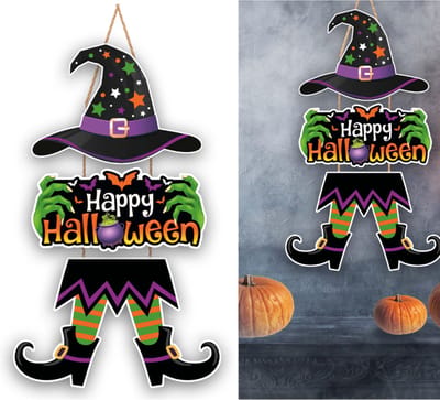 Fiestas Guirca - Houten happy Halloween deurbord heks - 3 delen - x cm - Halloween - Halloween Decoratie - Halloween Versiering