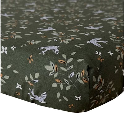 BINK Bedding Hoeslaken Merel 70 x 150 cm - groen - zachtgroen - jade - lila - caramel - vogel - bloemen - tweezijdig - juniorbed - peuterbed - peuter - kleuter