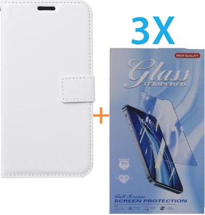 Bookcase Geschikt voor: Apple iPhone 16 - Wit - portemonnee hoesje - + 3X Tempered Glass Screenprotector
