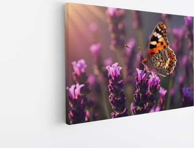 Saammp Canvas Schilderij -Vlinder op lavendel bloem - Dieren - 30x20 - Foto op canvas - Wanddecoratie - muurdecoratie Woonkamer - Slaapkamer decoratie - Canvas Print