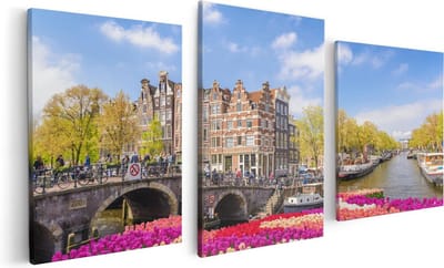 Artaza Canvas Schilderij Drieluik Amsterdamse Huisjes Aan De Grachten - 120x60 cm - Wanddecoratie Woonkamer - Schilderijen - Muurdecoratie