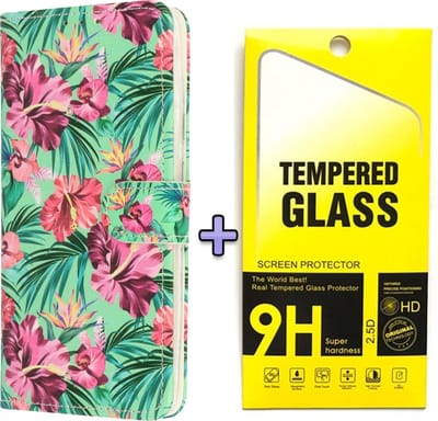 HB Hoesje Geschikt voor Samsung Galaxy S21 FE met Print - Portemonnee Book Case - Kaarthouder & Magneetlipje - Tropische Bloemen & Glazen Screenprotector