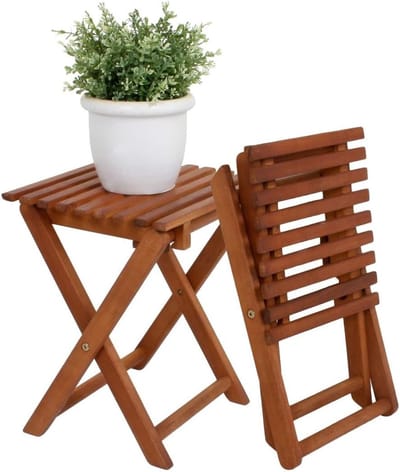Houten bijzettafel en bloemenkrukje van eucalyptus - Tuinkrukje en stijlvol houten krukje