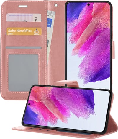 Hoesje - Met Pasjeshouder - Geschikt voor Samsung Galaxy S21 FE - Luxe Bookcase Portemonee - Flip Case - Kunstleer Book Case - Flipcase - Book Cover - Walletcase - Portemonneehoes - Telefoonhoesjes - Rosé goud