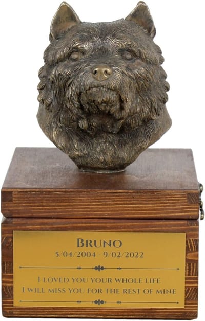Persoonlijke urn voor Norwich Terrier met beeldje en as van je hond