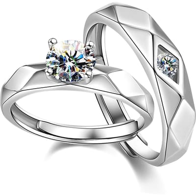 2 Anneaux de Couple Homme Femme Cuivre Réglable Anneau Exquis avec Strass Bijoux pour Soirée Rendez-vous white