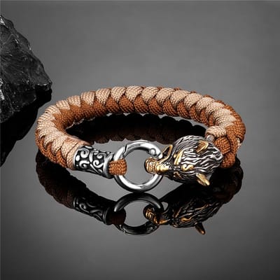 Retro Noorse Odin's Wolf Survival Armbanden Heren Viking Geri&Freki Roestvrijstalen Paracord Touw Armbanden Handgemaakte Outdoor Sieraden 21cm brown