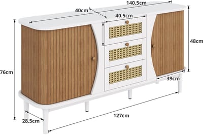 Dressoir, ladekast van rotan, ladekast met schuifdeuren, verstelbare planken, gebogen bovenblad