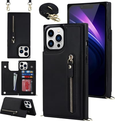 Casemania Hoesje Geschikt voor Apple iPhone 14 Pro - Zwart - Luxe Back Cover met Koord / Rits - Wallet Case met Pasjeshouder - Lanyard Telefoonhoes - Cord Case