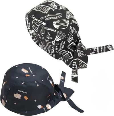 Set van 2 Verstelbare Unisex Koksbonnen + 2 Koksinsignes, Ademend Zwart Bandana, Uniform Accessoires voor Keuken, Restaurant en Feestjes