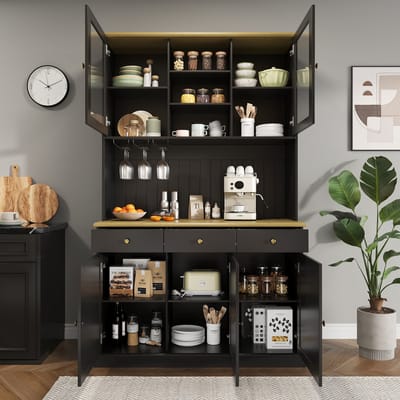 DESMIU Buffetkast - Hoge Opbergkast Met Glazen Deuren En Stopcontacten - Voor Keuken Woonkamer En Eetkamer - Spaanplaat - 120x40x191 Cm - Zwart
