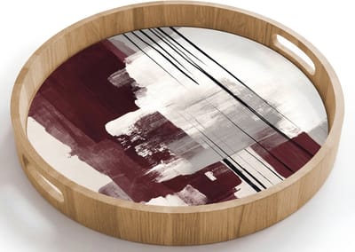 Dienblad rond 40x40 cm - Schootdienblad hout - Penseelstreken - Abstract - Lijnen - Rood - Borrelplank rechthoek - Plateau houten dienbladen