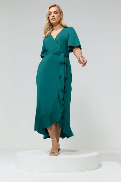 Yours London Groene Wikkelmaxijurk Met Korte Mouwen En Ruches Size 42