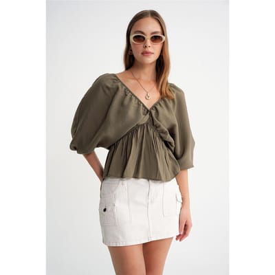 V-hals Blouse met Rimpeldetail