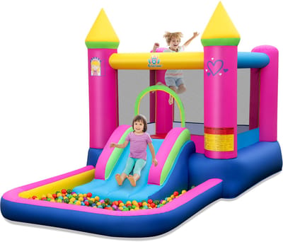 COSTWAY Springkasteel met glijbaan, springgebied, ballenbad en basketbalmand, voor binnen en buiten, incl. draagtas, reparatieset, 363 x 202 x 205 cm
