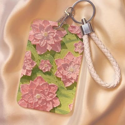 Bloemrijk Olieverf Ontwerp Kaarthouder met Sleutelhanger Lanyard - Duurzaam Plastic, Kantoor & School ID Beschermhoes beige