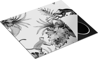 Chefcare Inductie Beschermer Tropische Bloemen met Apen Achtergrond - Zwart Wit - 60x50 cm - Afdekplaat Inductie - Kookplaat Beschermer - Inductie Mat