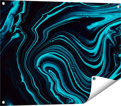 Gards Tuinposter Abstracte Kunst - Aqua Blauw met Zwart - 80x60 cm - Tuindoek - Tuindecoratie - Wanddecoratie buiten - Tuinschilderij