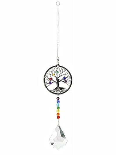 Dailygoods- Windgong Hangende Kristallen Regenboog - Levensboom Hanger - Feng Shui Decoratie - Koper/Kristal - 14 Inch - Voor Raam/Tuin - Raamhanger