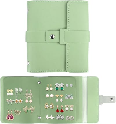 KZQ Groene Draagbare PU Oorbellen Organizer Opbergmap Opvouwbare Reisdoos 16 X 14 Cm Voor Sieraden Meisjes Vrouwen Kleine Boekjes Opbergen