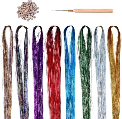 Set van 7 Gekleurde Haarstrengen 123 cm - Glanzende Tinsel Haarextensions met 100 Nano Ringen en 1 Haaknaald voor Vrouwen en Meisjes