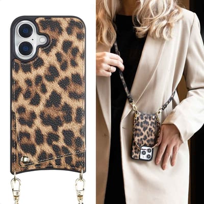 Selencia Hoesje - Geschikt voor Apple iPhone 16 - Backcover met koord en pashouder - Leopard