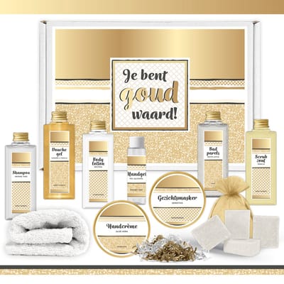 Brievenbus cadeau “Je Bent Goud Waard!” - 14 producten - 1000 gram | Brievenbuspakketje voor haar - Wellness Giftset Vrouw - Brievenbusdoos Cadeautje - Bedankt Giftset - Collega - Vriendin - Verjaardag - Moeder Moederdag - Kerstpakketje Kerst - Goud
