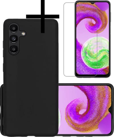 Hoesje - Met Screenprotector - Geschikt voor Samsung Galaxy A04s - Sterk & Shockproof - Back Cover - Siliconen Case - Telefoon Hoes - Zwart