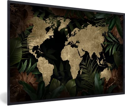 Poster in lijst - Fotolijst 90x60 cm - Posters - Wereldkaart - Vintage - Planten - Posterlijst zwart - Decoratie - Wanddecoratie woonkamer - Muurdecoratie slaapkamer