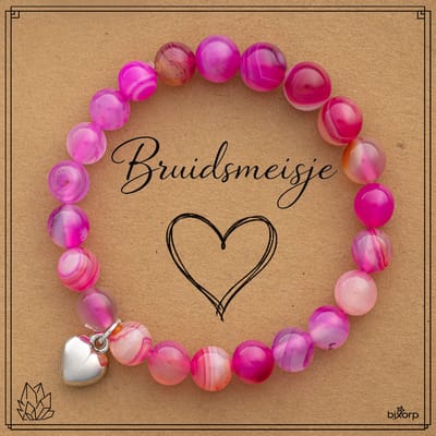 Bixorp Gekleurde Roze Agaat Armband op Cadeau Kaartje - Met Hartje Hanger - Bruidsmeisje - 8mm / 18cm Natuursteen Kralenarmband - Inclusief Cadeau Envelop